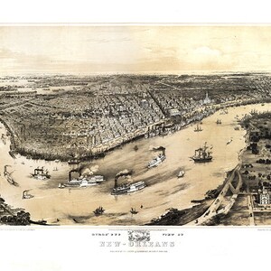 Mapa de Nueva Orleans, Luisiana, con el río Misisipi, 1851. Impresión de mapa antiguo de pared, estilo art déco, restaurado en hardware vintage.