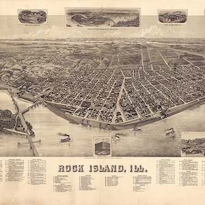 Carte de Rock Island, Illinois IL 1889. matériel de restauration vintage maison Deco Style vieille carte de reproduction murale imprimée.