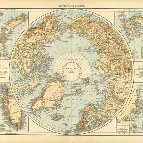 Map of the Arctic, 1855. Vintage restoration hardware home Deco Style old wall reproduction map print.