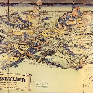 Disneyland Schematische Luftbildkarte - Panorama Vögel Auge Ansicht Karte von Disney Land. Vintage Haus Deco Stil alte Wand Reproduktion Karte drucken.