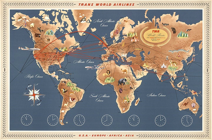 Map of Trans World Airline TWA Routes.  Vintage restoration hardware home Deco Style old wall reproduction map print.