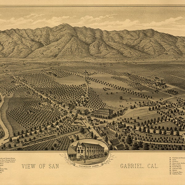 San Gabriel, California 1896 map.   Vintage restoration hardware home Deco Style old wall reproduction map print.