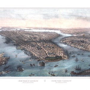 Manhattan New York e Brooklyn Battery Vue Prize au dessus de la batterie dessiné par Simpson 1877. NY0047 Mappa vintage riprodotta.