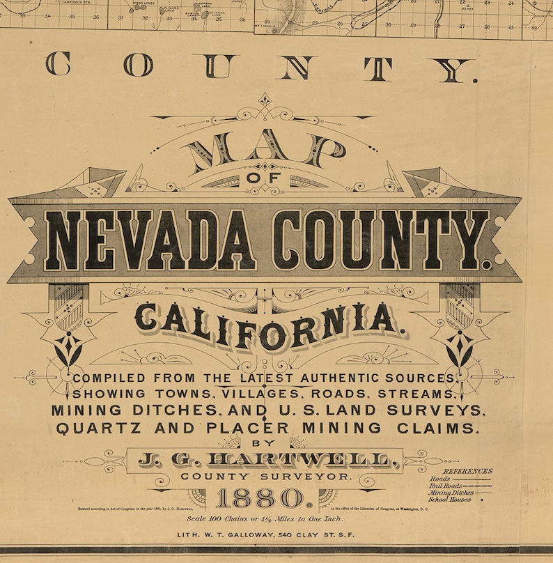 Nevada County Map California CA 1880. Vintage Restoration Etsy