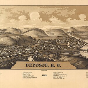 Mapa de Depósito, Nueva York: 1887. Burleigh, Condado de Delaware. Reproducción de mapa vintage a vista de pájaro. NY0183