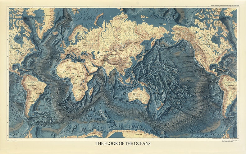 Map Of World Oceans Map Of The World's Ocean Floors And Land Relief. 1976. | Etsy Canada