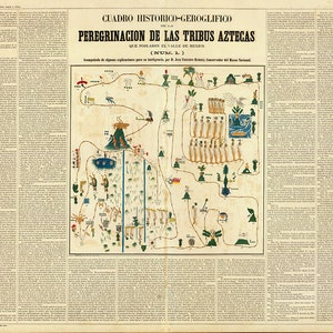 Map of Cuadro historico-geroglifico, las tribus Aztecas Part 1 of 2, (Historical painting Aztec) Mexico, 1858.  Vintage Style reproduction