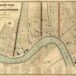 Karte von New Orleans, Louisiana 1845.Restaurierung Hardware-Haus-Deco-Stil alte Wand Reproduktion Print.