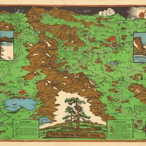 Carte illustrée du parc national des Rocheuses, grand lac, parc Estes. vintage home Deco Style reproduction carte print.