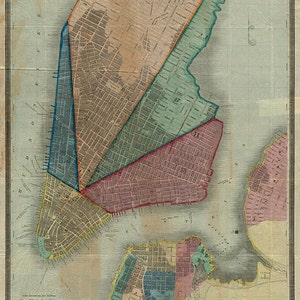 Mapa del Bajo Manhattan, Brooklyn y Williamsburg, 1841. Nueva York, NYC. Reimpresión vintage de Restoration Hardware, estilo decoración del hogar.