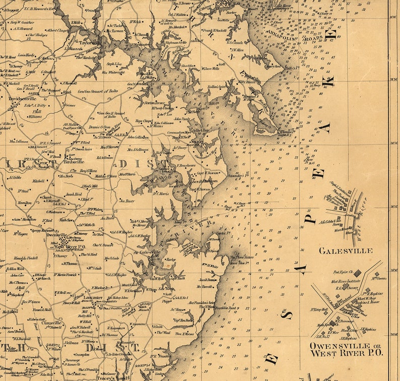 Map of Anne Arundel County Maryland MD. 1860. Vintage Home Etsy