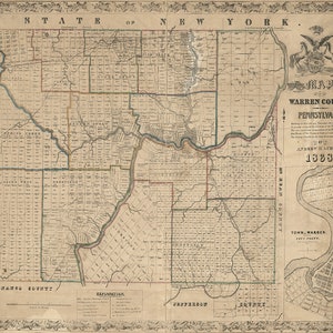 Map of Warren County, Pennsylvania. 1838.  Vintage restoration hardware home Deco Style old wall reproduction map print.