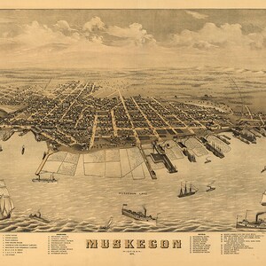 Muskegon, Michigan MI 1874. Vintage restoration hardware home Deco Style old wall reproduction map print. image 1