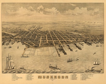 Muskegon, Michigan (MI) 1874. Vintage restoration hardware home Deco Style old wall reproduction map print.