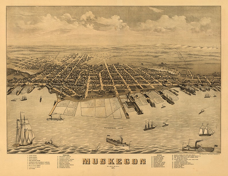 Muskegon, Michigan MI 1874. Vintage restoration hardware home Deco Style old wall reproduction map print. image 1