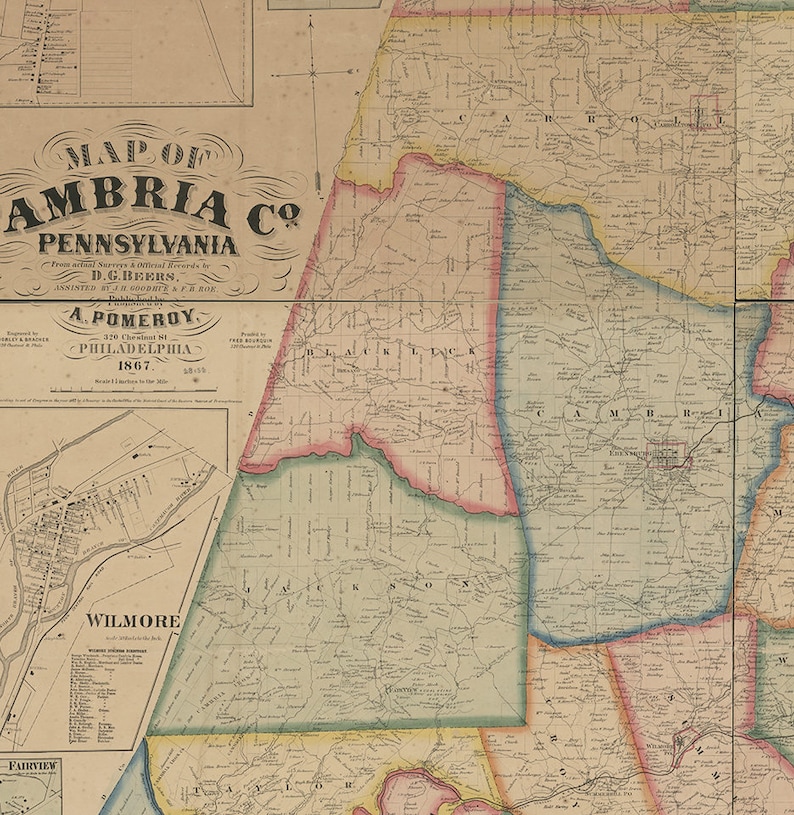Map of Cambria County Pennsylvania PA 1867. Restoration Etsy