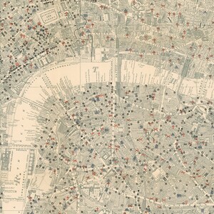 May include: A vintage map of London, England, with red crosses marking locations throughout the city. The map shows the River Thames, the Houses of Parliament, and other landmarks.