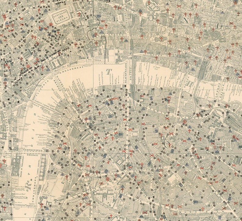 May include: A vintage map of London, England, with red crosses marking locations throughout the city. The map shows the River Thames, the Houses of Parliament, and other landmarks.