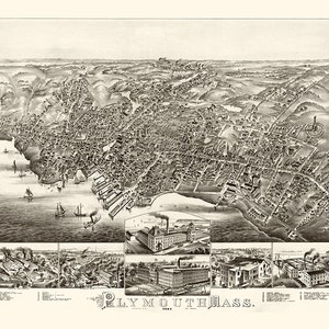 Plymouth, Massachusetts, 1882. Reimpresión vintage de pared antigua de estilo Home Deco de Restoration Hardware. MA0015
