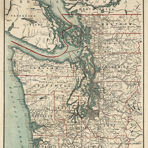 Map Of Puget Sound, Washington, WT, 1910.  Vintage restoration hardware home Deco Style reproduction map print.
