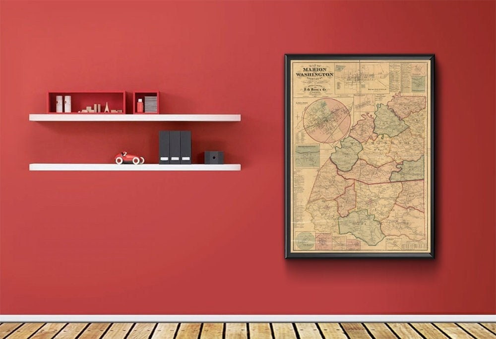 Map of Marion and Washington County, Kentucky. 1877.  Vintage home Deco Style old wall reproduction map print.