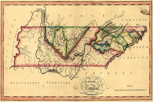 Map of Tennessee, 1817. Restoration Hardware Home Deco Style Old Wall