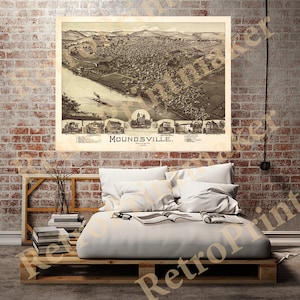 Puede incluir: Un mapa antiguo de Moundsville, Virginia Occidental, que muestra la disposición de la ciudad y el paisaje circundante. El mapa está impreso en blanco y negro y presenta una ilustración detallada de las calles, los edificios y el río de la ciudad.