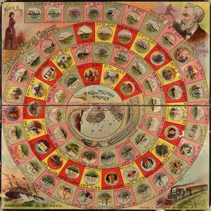 The &quot;World&#39;s globe circler&quot; Gameboard, based on Jules Verne&#39;s Around the world in 80 days.  Vintage home Deco Style old wall reproduction