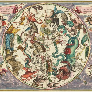 アンドレアス・セラリウスによる天体図 - 1661 年南天の天体図 - ヴィンテージ天文学の複製