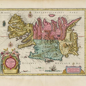 Carte de l’Islande 1665.    Blaeu. Restauration Hardware Home Deco Style Old Wall vintage Réimpression.