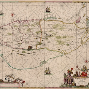 Mapa de Sri Lanka, Ceilán, 1825. Gerard Van Keulen. Impresión de mapa mural antiguo de estilo art déco.