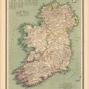 Map of Ireland, 1888.  Sohr, Berghaus, Handtke.  Vintage home Deco Style old wall reproduction map print.