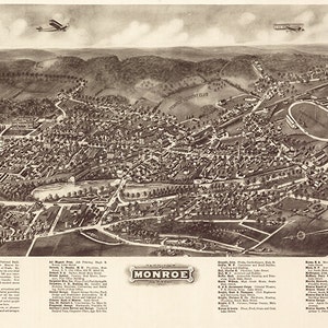 Mapa de Monroe, condado de Orange, Nueva York, 1923. Hughes & Bailey. Impresión de mapa antiguo de pared, estilo art déco, restaurado por ferretería vintage.