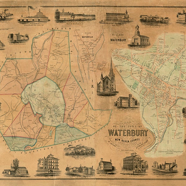 Waterbury, New Haven County, Connecticut (CT.) 1852.  Vintage restoration hardware home Deco Style old wall reproduction map print.