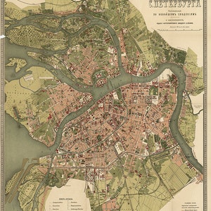 Mapa de San Petersburgo, Rusia 1880.  Vintage casa Deco pared reproducción mapa impresión.
