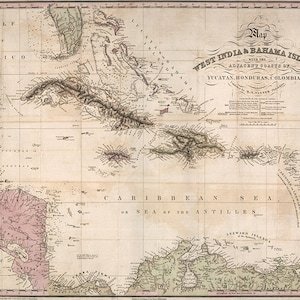 Mapa das Ilhas das Índias Ocidentais (Índias Ocidentais) e Ilhas Bahamas. 1831. Impressão de mapa de reprodução de parede antiga em estilo vintage de decoração para casa.