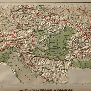 Map of Austro-Hungarian Monarchy, 1880.  Vintage home Deco Style old wall reproduction map print.