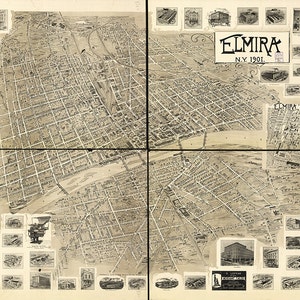 Elmira, Condado de Chemung. Nueva York. N.Y. 1901. Landis & Alsop. Reproducción antigua de mapa aéreo. Disponible en diferentes tamaños.