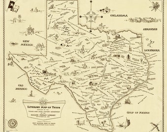 Literary Map of Texas. Home Deco Style Old Reproduction.