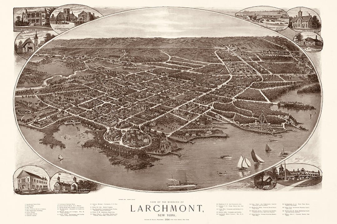 Larchmont, Westchester County, New York NY. Map. Vintage Restoration