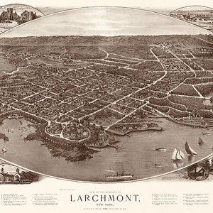 Larchmont, Condado de Westchester, Nueva York, NY. Mapa. Impresión de mapa antiguo de pared, estilo art déco, de una casa restaurada con hardware vintage. NY0093