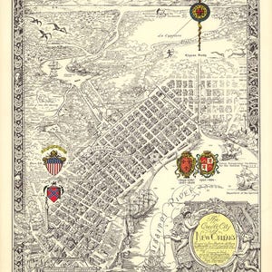 Die kreolische Stadt New Orleans 1930 Bildkarte Poster Mardi Gras. Eine alte Wandkarte im Vintage-Stil.