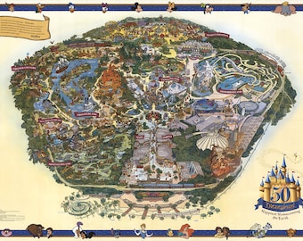Disneyland Map - 50th Anniversary - Disney Map - Panoramic Birds Eye View poster - Map of Disneyland print