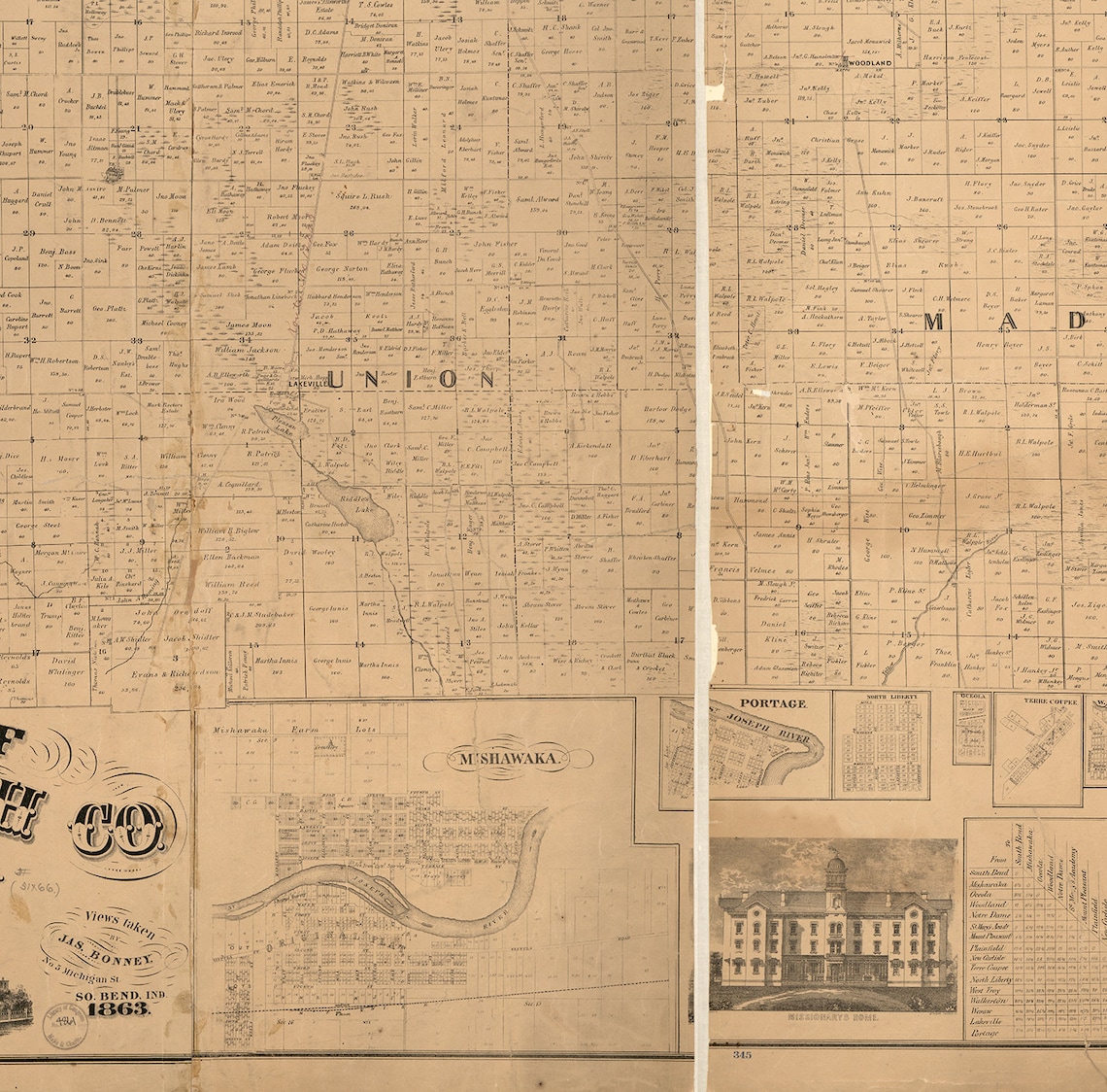 Map of St. Joseph County Indiana. 1863. Vintage Restoration Etsy