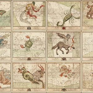 12 cartes du ciel des signes du Zodiaque. impression d'affiche de mur de science vintage
