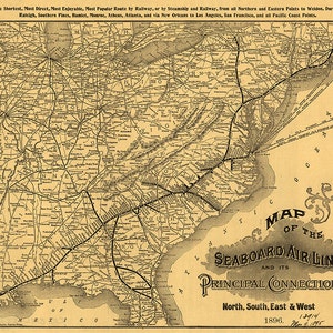 Seaboard Air Line Railroad Company e suas principais conexões norte, sul, leste e oeste, 1896. Impressão de reprodução vintage
