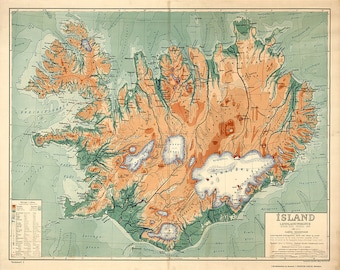 Map Of Iceland 1928.  Restoration Hardware Home Deco Style Old Wall Vintage Reprint.