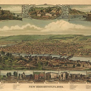 New Brighton, condado de Beaver, Pensilvania, Pa. 1883. Impresión de reproducción de mapa de pared antiguo de estilo Deco de casa de hardware de restauración vintage.