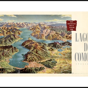 Map of Lake Como, Italy. Lago di Como, Italia. Ente Provinciale per il Turisma Como. Vintage Art reproduction print.