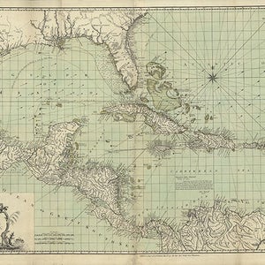 Mapa das Índias Ocidentais de 1774. Impressão de mapa de reprodução de parede antiga em estilo Deco, com restauração vintage.